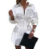 Fashionkova  Fashion Women Letter Print Shirt Dress Spring Autumn Lantern Sleeve Miini Dresses Laides Long Sleeve High Waist Party Dresses