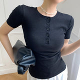 Fashionkova  T Shirt Women Tshirt Short Sleeve Cotton Tee Shirt Button O-Neck Basic T-Shirts Korean Fashion Summer Tops 2022 Woman Clothes