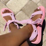 Fashionkova    Bowknot Beach Shoes Woman Cute Tie Design Hook Loop Casual Women Flat Sandals Gingham Open Toe Shoes Velcro Sandalia Plataforma
