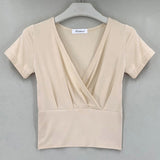Fashionkova  Cropped T Shirt Women Cotton Sexy V-Neck Thin Tee Shirt Elastic Short Sleeve 2022 Summer Womens Clothing T Shirts Poleras Mujer
