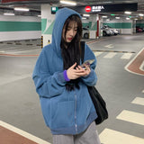 Fashionkova  Women Harajuku Zip-Up Sweatshirt Vintage Solid Long Sleeve Oversized Hooded Outwear Autumn Drawstring Pocket Casual Large Coats