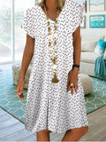 Fashionkova  2022 Summer Boho V Neck Round Dot Print Short-Sleeved Women Dresses Casual Big Swing Beach Party Dress Female Dress