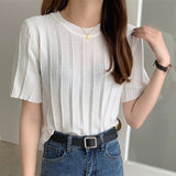 Fashionkova  Ice Silk Striped T Shirt Women Short Sleeve Soft Knitwear Tee Shirt Fashion Summer Crop Tops Thin Woman Tshirts Casual Clothes