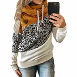 Fashionkova  Turtleneck Leopard Patchwork Hoodies Women Fashion Long Sleeve Drawstring Hooded Tops Autumn Winter Pocket Pullovers Sweatshirts