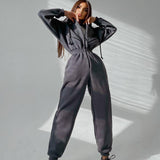Fashionkova  Casual Women Basic Hoodie Jumpsuit Zipper Drawstring Overalls Fleece Lined Streetwear Tracksuit Solid Rompers One Piece Outfit