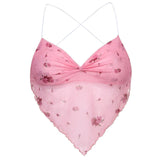 Fashionkova  Heart-Shaped Pink Cute Mesh Halter Top Women Flower Print New Aesthetic Kawaii Cloth Sleeveless Backless Sexy 2000S Y2K Crop Top