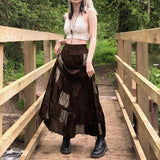Fashionkova  Brown Dark Color Printed Pleated Skirts Emo Boho Grunge Fairycore Retro Y2k Patchwork Long Skirts Holiday Women Elegant
