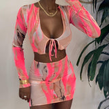 Fashionkova  Print Women's Summer Dress Sets Mesh Long Sleeve Crop Top Mini Skirts Womens 2022 Two Piece Set Women Bodycon High-Waisted Skirt