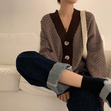Fashionkova 2022 Fall Striped Knitted Cardigans Sweater Women Vintage Korean Chic Long Sleeve Coat Fashion Streetwear Loose Female Tops