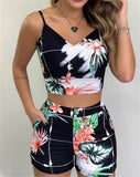 Fashionkova  Fashion Women Shorts Suits 2Pieces Sets Summer Office Lady Floral Strap Tank Crop Top+High Waist Button Shorts Female Outfits