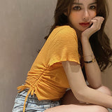 Fashionkova  Skinny Crop Top T Shirt Women Short Sleeve Woman Tshirts Summer Top 2022 Side Drawstring Lace-Up Thin T-Shirt Femme Slim Clothes