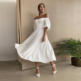 Fashionkova Churses Sexy Slash Neck Backless Midi Dress Autumn Elegant Puff Half Sleeve A-Line Long Party Dresses For Women 2022