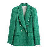 Fashionkova  Stylish Green Tweed Women's Blazer Jacket Spring Autumn High Street Double Breasted Pockets Office Lady Chic Casual Outerwear