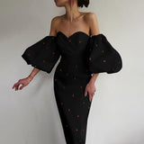 Fashionkova Sexy Strawberry Dot Off The Shoulder Bodycon Dress Autumn Lantern Sleeve Backless Slit Long Party Dresses For Women