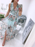 Fashionkova   Elegant Print Long Dress Women Summer Sexy Deep V-Neck Sleeveless Dress Side Split Maxi Beach Dresses Ladies Party Club Vestido