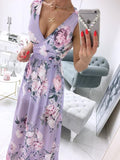 Fashionkova   Elegant Print Long Dress Women Summer Sexy Deep V-Neck Sleeveless Dress Side Split Maxi Beach Dresses Ladies Party Club Vestido