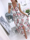 Fashionkova   Elegant Print Long Dress Women Summer Sexy Deep V-Neck Sleeveless Dress Side Split Maxi Beach Dresses Ladies Party Club Vestido