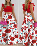 Fashionkova  2023 Summer Fashion Holiday Floral Print O Neck Crop Top Shirr +Slit High Waist Women Maxi Skirt Sets