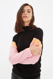 Fashionkova With Color Block Loose Sheer Neckline Knitted Sweatshirt