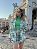 Fashionkova   Women Fashion Green Tweed Blazer Jacket Plaid Print Double Breasted Coat High Waist Mini Skirts Casual Female Streetwear