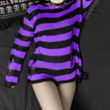 Fashionkova  Grunge Harajuku Striped Knit Sweater Women Y2K Streetwear Hole Broken Jumper Loose Purple Sweaters Punk Gothic Clothes
