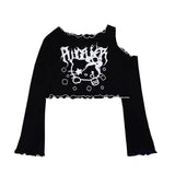 Fashionkova  Punk Gothoc Crop Tops Fairy Grunge T Shirts E-Girls Y2k Tops Harajuku Car Printed Hollow Out Long Sleeve Tee Shirt Emo