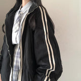 Fashionkova  Jackets Women Striped All-Match Females BF Harajuku Stand Collar Zipper-Pocket Leisure Streetwear Popular Wind-Proof Outwears