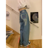 Fashionkova  Vintage Baggy Blue Women's Jeans Straight Loose High Waist Trousers Flower Printing Streetwear Fashion Mom Denim Wide Leg Pants