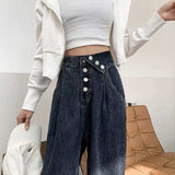 Fashionkova  Y2K Vintage Women Blue Streetwear Baggy Button Cargo Jeans High Waist Straight Wide Leg Pants Denim Trousers Grunge Alt Clothes