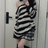Fashionkova  Punk Gothic Long Sweater Women Dark Aesthetic Striped Pullovers Hollow Out Oversized Grunge Jumpers Emo Alt Clothes Y2k