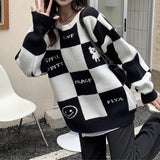 Fashionkova  Korean Style Plaid Sweater Women Oversize O-Neck Pullover Checkerboard Kawaii Bear Print Long Sleeve Winter Jumper Tops