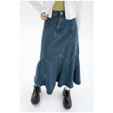 Fashionkova  2022 Summer Vintage Blue Women Denim Trumpet Skirt Streetwear Style Casual Irregular High Waist Ladies Long Mermaid Jean Skirt