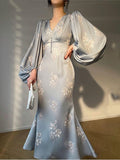 Fashionkova Slim Midi Dress 2023 Women Summer Fashion New Printing Elegant Evening Party Mermaid Dresses Long Sleeve V-neck Fmeale Clothing