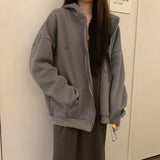 Fashionkova  Women Hoodies Harajuku Korean Version Loose Oversized Sweatshirts Vintage Solid Color Long Sleeve Hooded Sweatshirt Zipper Coats