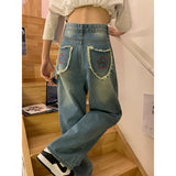 Fashionkova  Vintage Baggy Blue Women's Jeans Straight Loose High Waist Trousers Flower Printing Streetwear Fashion Mom Denim Wide Leg Pants