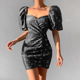 Fashionkova Black Bling Short Evening Dresses Puff Sleeve Summer Bodycon Sexy Elegant Party Female Clothing Lace Up Mini Dress 2022