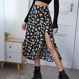 Fashionkova  Women's Wild Fashion Split Midi Skirt Leopard Print High Waist A-Line Skirts Spring Autumn Casual Clothes Vintage 90S Streetwear