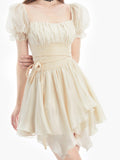 Fashionkova  Chic Sweet Women Summer Dresses 2023 Puff Sleeve Ruffle High Waist Lace-Up Mini Dress French Fashion Princess Fairy Dress