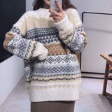 Fashionkova 2022 Winter Vintage Sweaters Women Pullover Striped Jumpers Korean Style Loose Pullover Knitwear Casual Loose Sweater Pull Femme