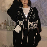 Fashionkova  Harajuku Black Knitted Cardigan Sweater Women Gothic Oversize Jumper Korean Style V-Neck Long Sleeve Winter Warm Coat