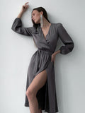 Long Dress Slit Deep V-Neck Temperament Elegant Casual Solid Color Long-Sleeved Robe Female With Belt For Party 2022 Fashion