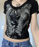 Fashionkova  2022 Summer Y2K Fairy Grunge Diamonds Graphic Print T Shirt Women Short Sleeve Crop Top Vintage Sweet Tees Tops Casual