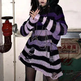 Fashionkova  Gothic Striped Sweaters Loose Grunge Pullover Oversized Hollow Out Emo Alt Clothes Women Dark Academia Hole Jumpers Y2k