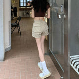 Fashionkova Women Work Shorts with High Waist and Large Pockets Khaki Color 2023 Hot Sale Trend Is Thinner Solid Color American Style Loose