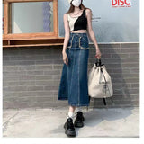 Fashionkova  Y2K Women Streetwear Vintage Knee Length Denim Midi Long Skirt High Waist Straight Grunge Jeans Alt Maxi Jean Skirts Clothes