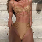 Fashionkova Bikini Sexy Triangle Adjust Swimwear Women Bathing Suit Hollow Out Quality Pleated Swimsuit Female Double-Sided Bikini Set