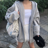 Fashionkova  Korean Style Oversize Gray Hoodies Women Streetwear Loose Hooded Sweatshirt Female Casual Black Long Sleeve Tops Jacket