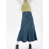 Fashionkova  2022 Summer Vintage Blue Women Denim Trumpet Skirt Streetwear Style Casual Irregular High Waist Ladies Long Mermaid Jean Skirt