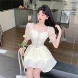 Fashionkova  White Women's Dress Short Skirt French Vintage Long Short Sleeve 2022 Summer Ladies Chic Design Ruffle Skirt Halterneck Dresses