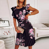 Fashionkova  Elegant Women Ruffle Sleeve Pleated Midi Dress Summer Floral Party Dresses Laides A-Line Dress Evening Dresses Robe De Soiree